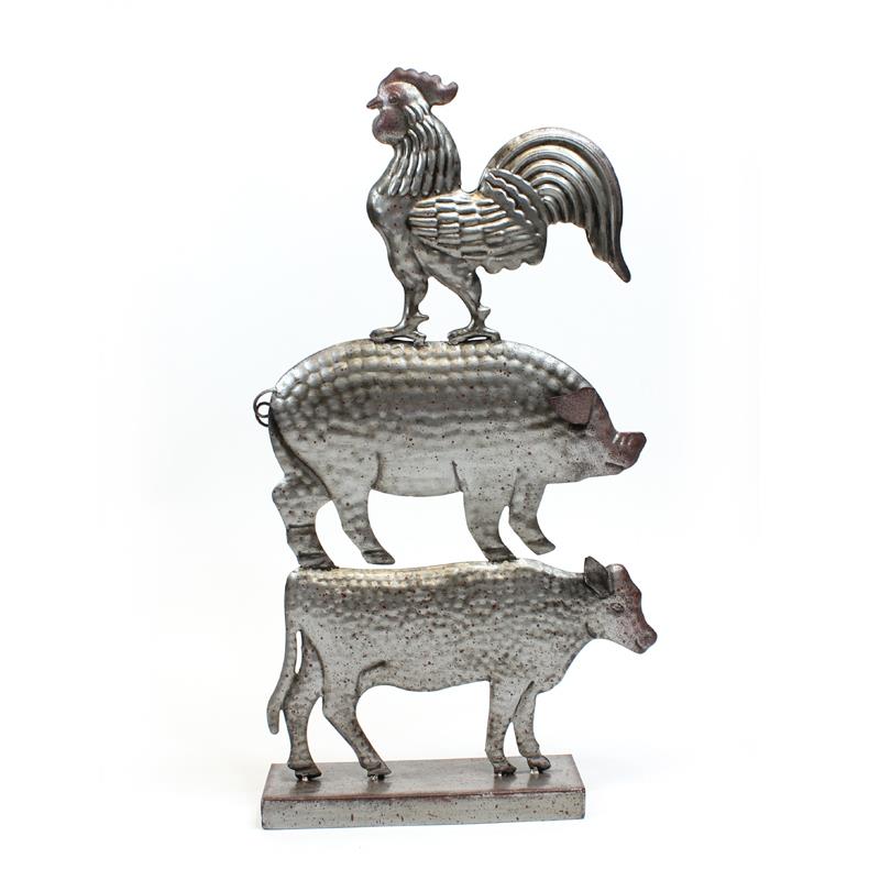 Modern farmhouse decor. Hammered metal look featuring rooster, pig, cow. 19" high x 10" wide x 3" deep (base)