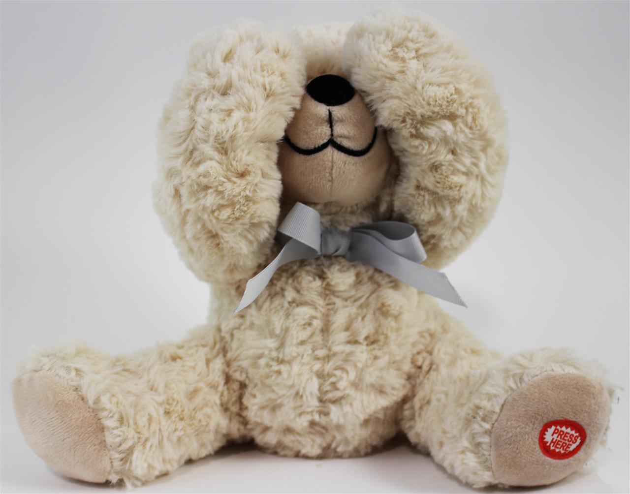 Peek-a-boo giggling teddy bear. 2AA batteries included 9 inches high.