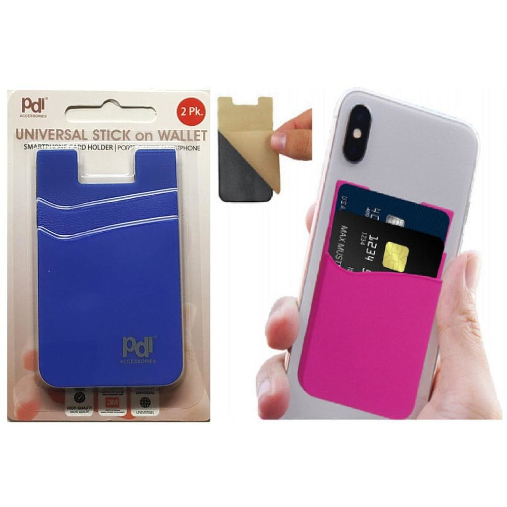 Universal stick on wallet for cell phone. The solution to your bulky wallet. Holds 2 cards or cash. Stretchy material contracts to hold them snug. Fits smartphones with 2 1/4" x 3 1/2" space on the back. 3 colours available.