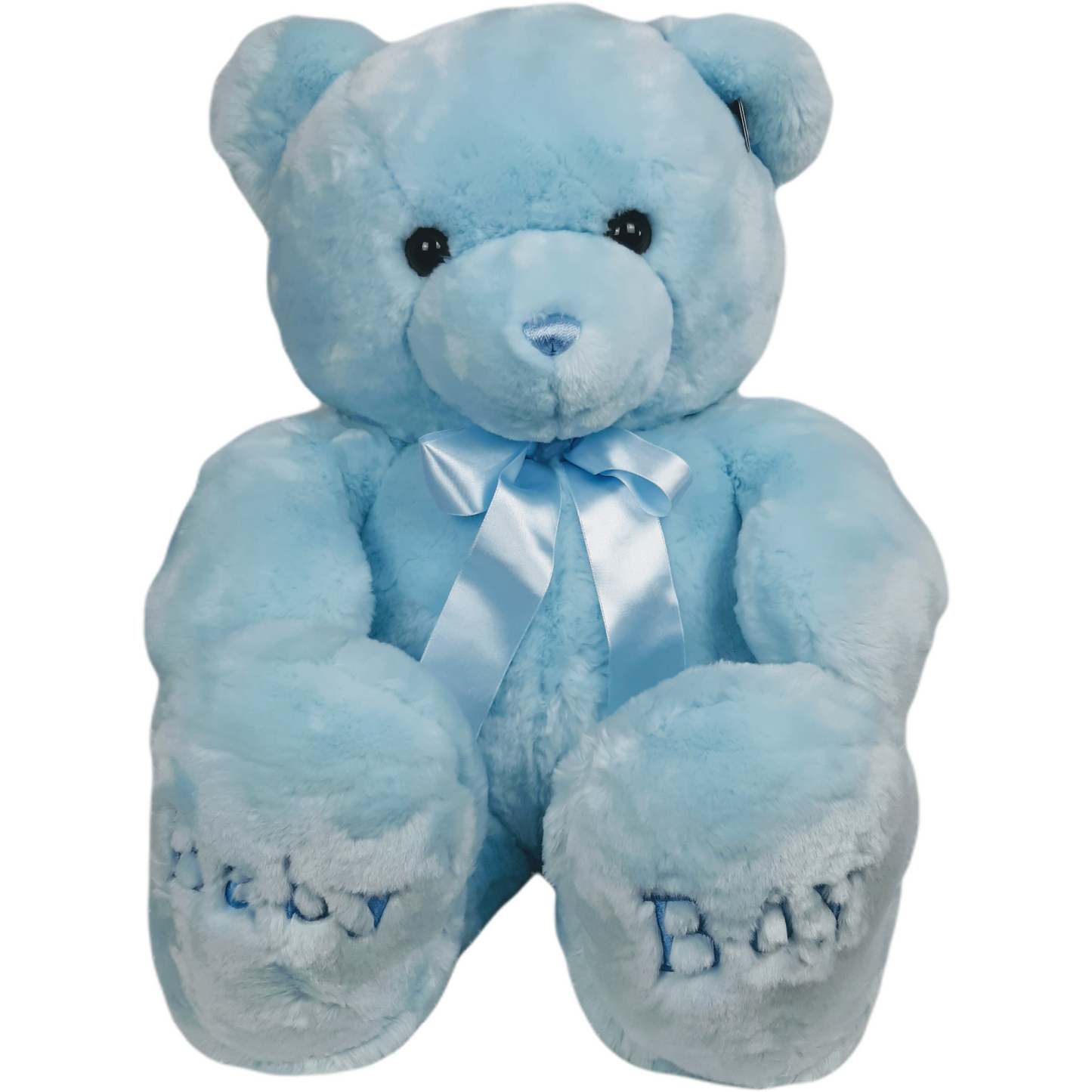 36 inch jumbo bear with ribbonned bow around neck and Baby Boy or Baby Girl embroidered on the feet. Available in pink baby girl or blue baby boy.