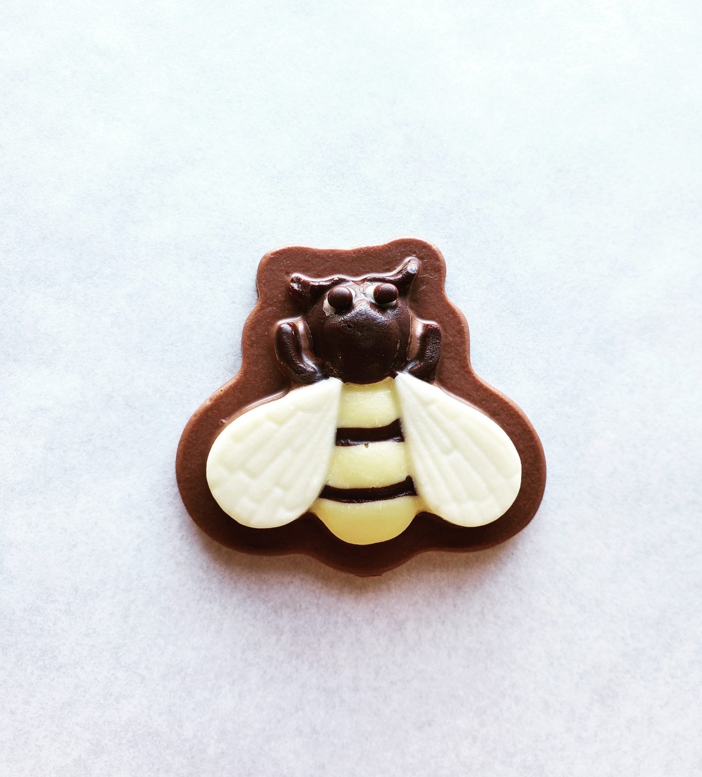 Chelsea Chocolates hand-crafted premium Belgian Callebaut chocolate. Solid chocolate bumble bee (2-1/4” x 2-1/2”) available in milk chocolate. Cello wrapped , labelled. Peanut & walnut free, tree nut free, wheat free.