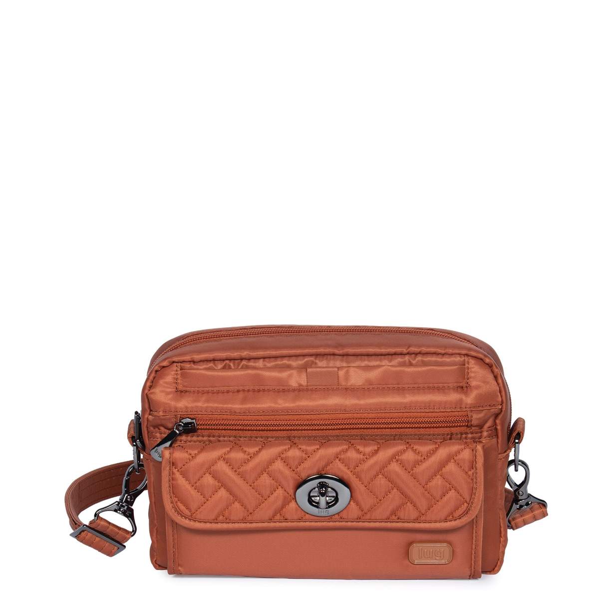 The Switch crossbody is smart, sleek, and roomier than it looks. Three ways to wear and a removable strap allow you to carry this spacious bag as a crossbody, shoulder bag, or belt bag. Exterior Features: One main zipper compartment One front soft lined slip pocket with magnetic closure One front zipper pocket One front wallet compartment with turn key lock closure One back zipper pocket Back belt loops to convert to belt bag Removable and adjustable crossbody strap Body/trim/lining 100% polyester