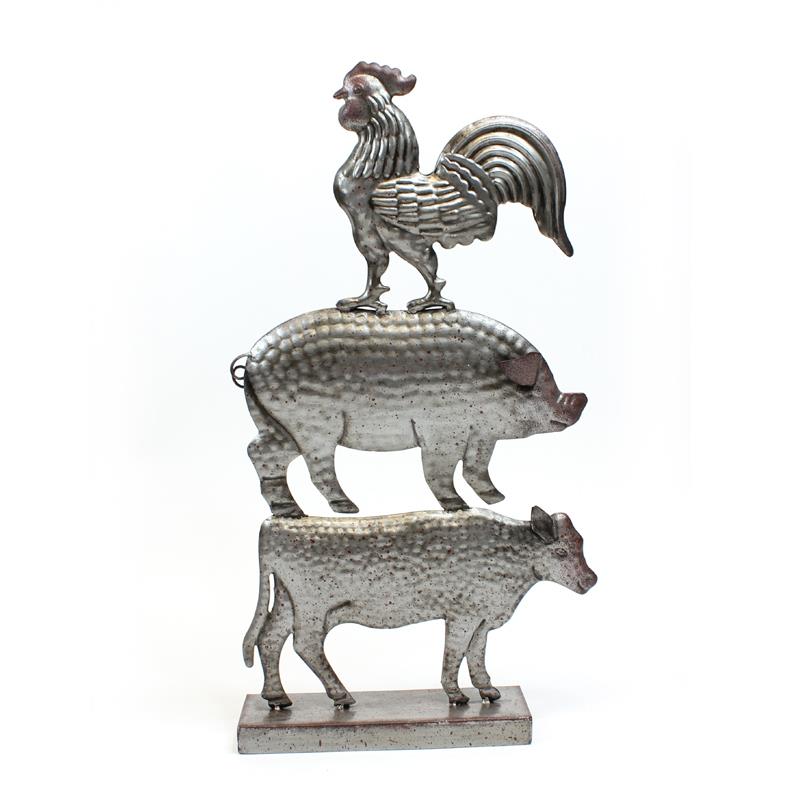 Modern farmhouse decor. Hammered metal look featuring rooster, pig, cow. 19" high x  10" wide x 3" deep (base)