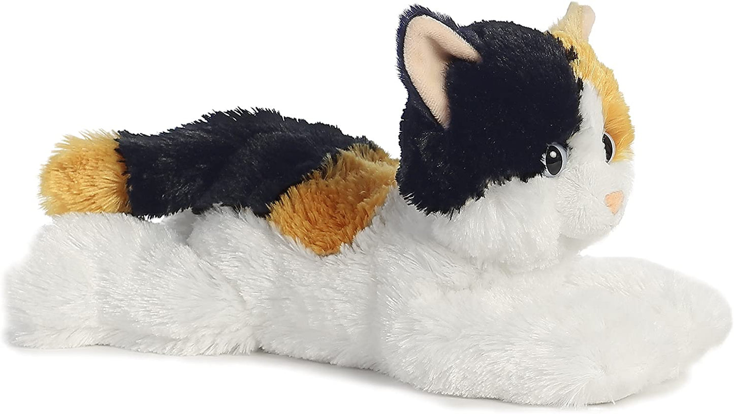 Esmerelda Calico Cat. Approximately 12" in size Soft plush body in an adorable floppy pose Safe for all ages Eyes are bolted (locked), glued, and heat sealed on either size of fabric; no stitches to come loose