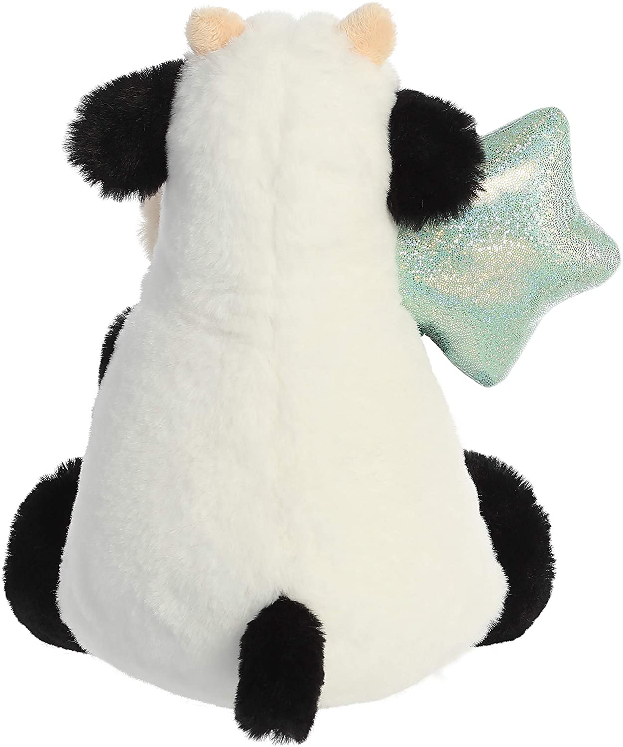 Happy Cow. 11 inches in size. High quality materials make for a soft and fluffy touch. Quality materials for a soft cuddling experience "Congrats" Embroidered in teal detailing. Bean-filled to sit in an upright position.