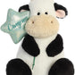 Happy Cow.  11 inches in size. High quality materials make for a soft and fluffy touch. Quality materials for a soft cuddling experience "Congrats" Embroidered in teal detailing. Bean-filled to sit in an upright position.