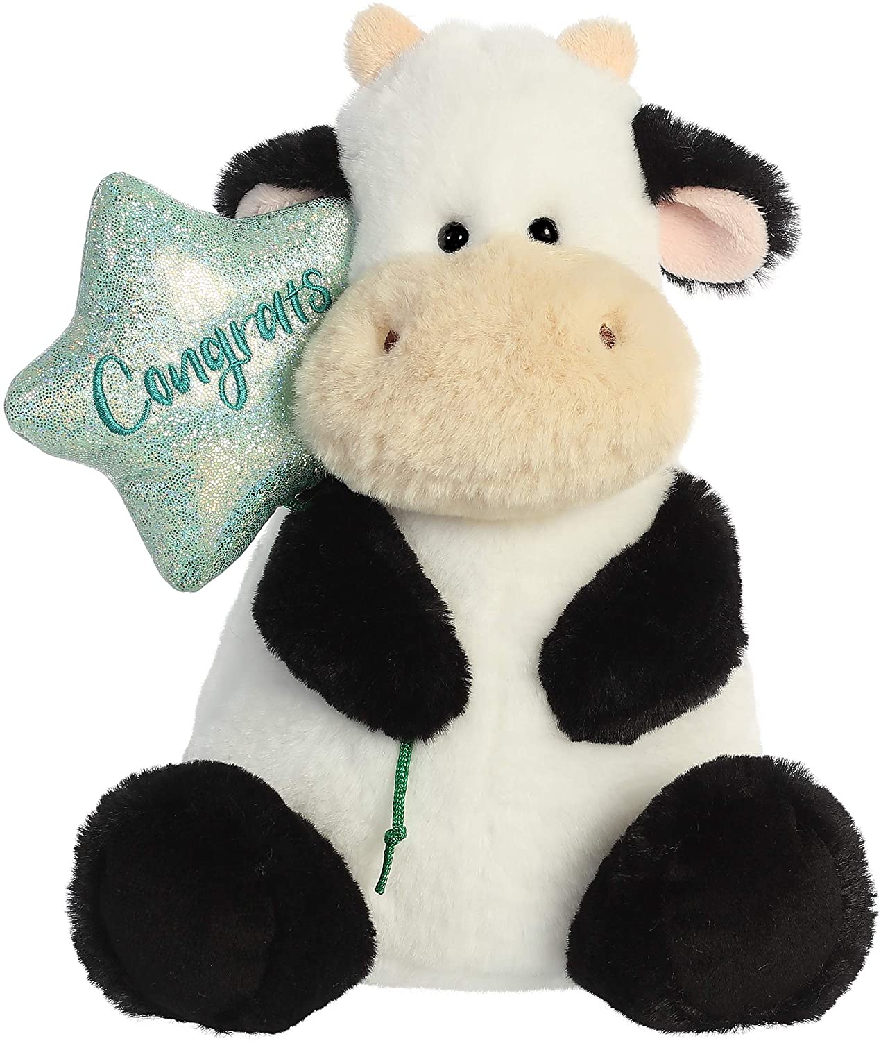 Happy Cow.  11 inches in size. High quality materials make for a soft and fluffy touch. Quality materials for a soft cuddling experience "Congrats" Embroidered in teal detailing. Bean-filled to sit in an upright position.