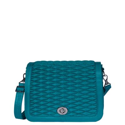 The Presto has an elevated appeal with its stunning bubble quilting accent. This front flap style bag will keep you organized and on trend with its modern look and unique interior organization. Featuring a total of 11 handy pockets and 2 removable straps for multiple carrying options, this large crossbody will keep you hands-free while on the go. Dimensions: 10"W x 8.5"H x 4.25"D. Available in teal, grey or black.