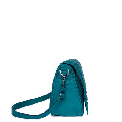 The Presto has an elevated appeal with its stunning bubble quilting accent. This front flap style bag will keep you organized and on trend with its modern look and unique interior organization. Featuring a total of 11 handy pockets and 2 removable straps for multiple carrying options, this large crossbody will keep you hands-free while on the go. Dimensions: 10"W x 8.5"H x 4.25"D. Available in teal, grey or black.