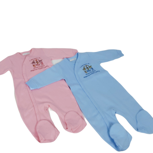 A perfect keepsake for the newest member of the family! This footed one-piece in soft cotton interlock features a sweet little ark design with  " I was born at RVH" on it.   Quality German snaps ensure long lasting product Soft satin labels   100% Ringspun Cotton Interlock . Available in pink or blue.