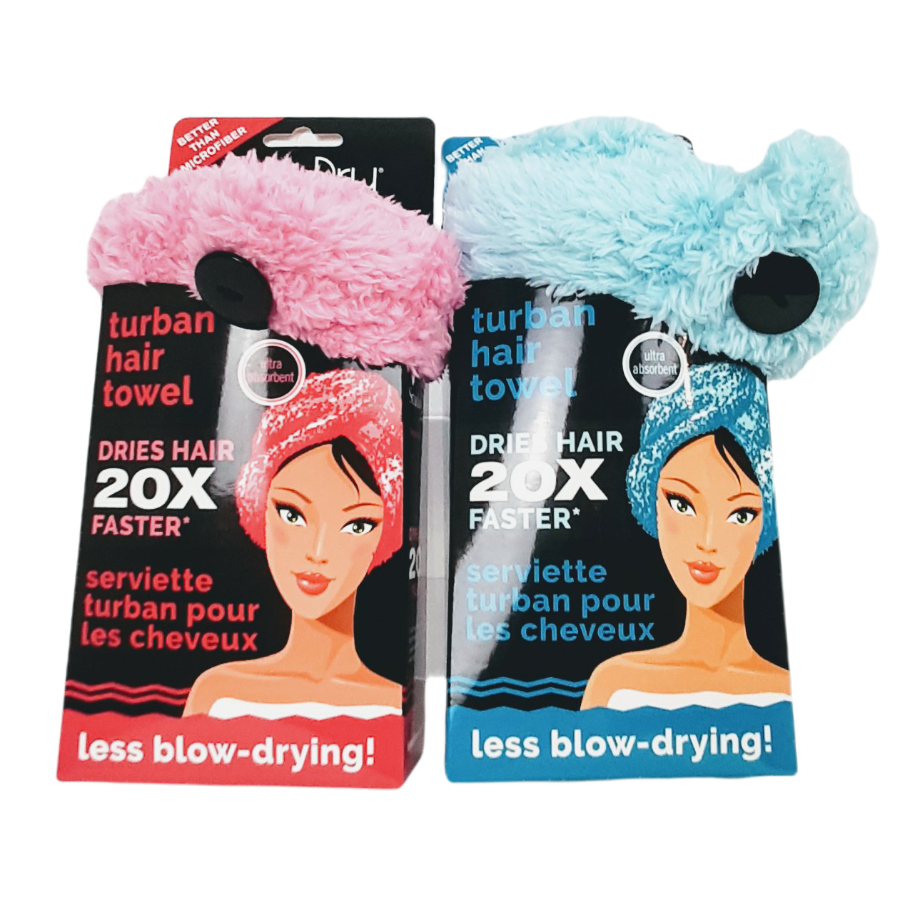 Turban Hair Towel.  Dries hair 20x faster Less blow drying Less damage Softer, fuller hair Machine wash in cold water, gentle cycle, tumble dry low Available in Turquoise or Hot Pink