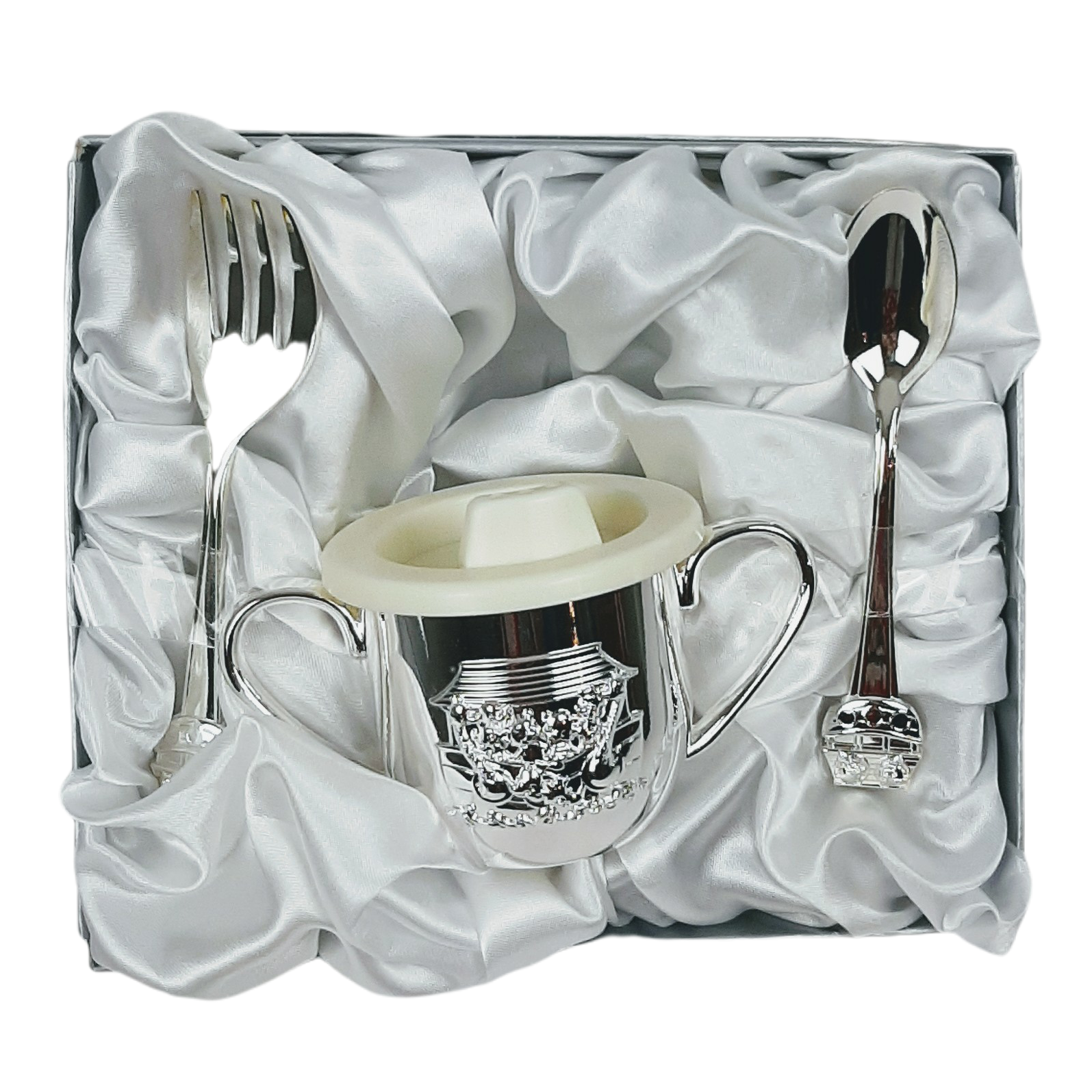 Three piece baby gift set featuring Noahs Ark motif on silver finish lidded cup, spoon and fork.