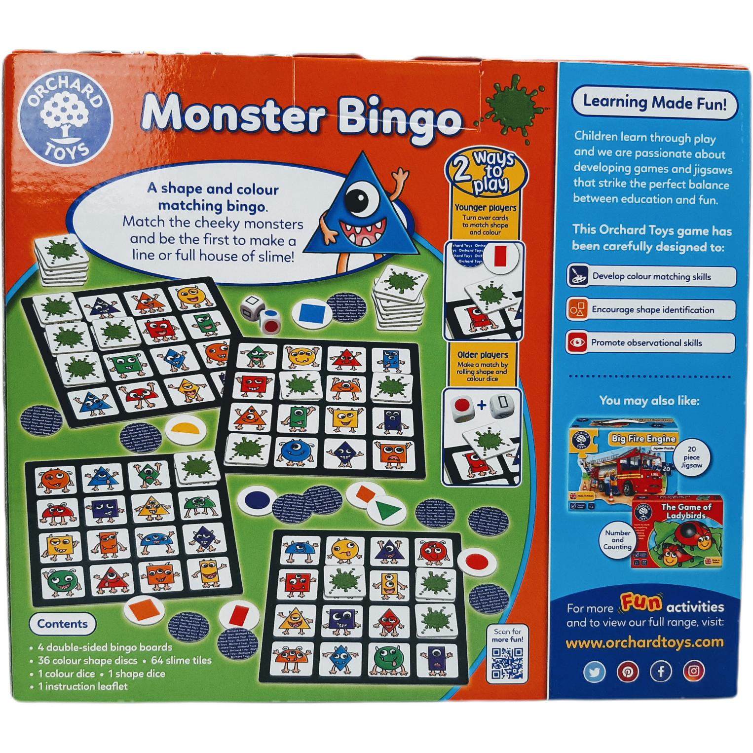 Monster Bingo is perfect for teaching basic shape and colour skills as children are encouraged to identify and read aloud both the shape and colour before looking for the corresponding monster on their board. Features a range of shapes from simple shapes like squares and circles to semi-circles and diamonds. Children will also love looking at the cheeky monsters and the silly faces they are pulling!