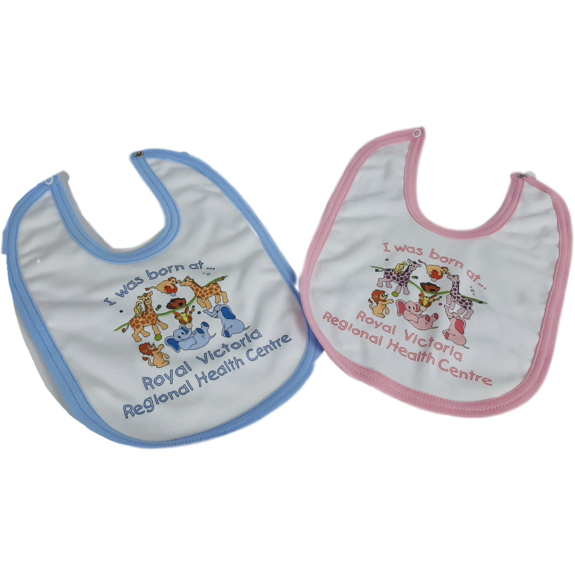 This double layer bib in soft cotton interlock features a sweet little ark design with your "I was born at RVH" on it.  Contrast colour edging Satin labels & snap neck opening Extra long bib fits for years   100% Ringspun Cotton Interlock. Available in pink or blue.
