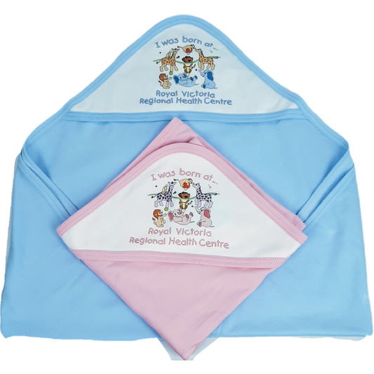 This hooded blanket in soft cotton interlock features a sweet little ark design with "I was born at RVH" on it.  Contrast colour edging Satin labels Approx.  30" x 30"   100% Ringspun Cotton Interlock