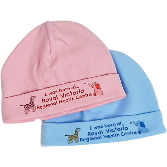 This adorable printed hat made from stretchy cotton lycra, stays on well and is a top selling item.  It features a sweet little ark design with "I was born at RVH" on it.             Unique design             Soft satin label             Fold up brim allows size to adjust  95% Cotton / 5% Lycra. Available in pink or blue.