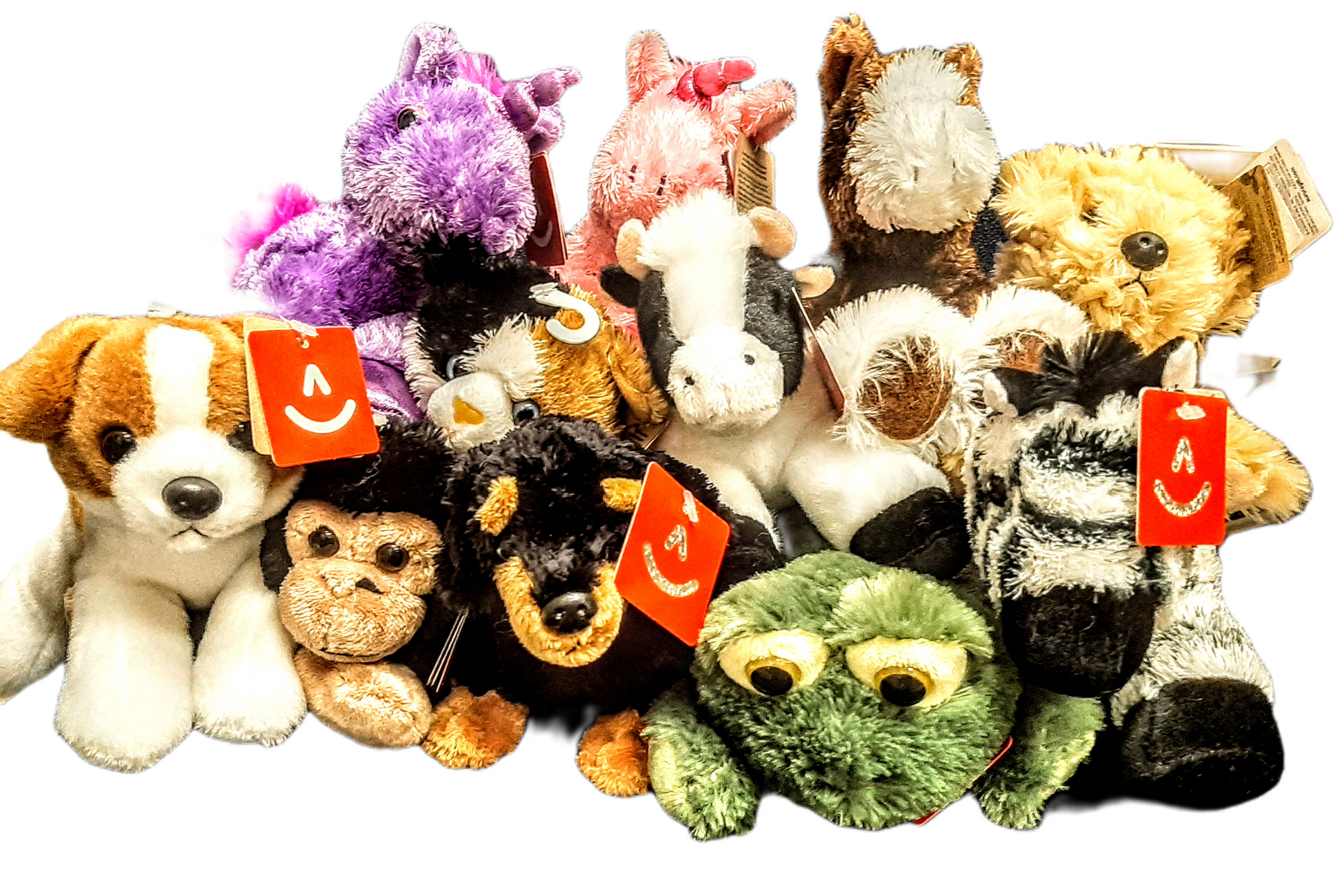 So soft and cuddly, sure to become someones best friend!  Choose from Pink Unicorn, Purple Unicorn, Horse, Frog, Chimpanzee, Calico Cat, Dachshund, Golden Doodle, Jack Russell, Zebra, Cow Approximately 8" in size Soft plush body in an adorable floppy pose Safe for all ages Eyes are bolted (locked), glued, and heat sealed on either size of fabric; no stitches to come loose Recommended 3 years +