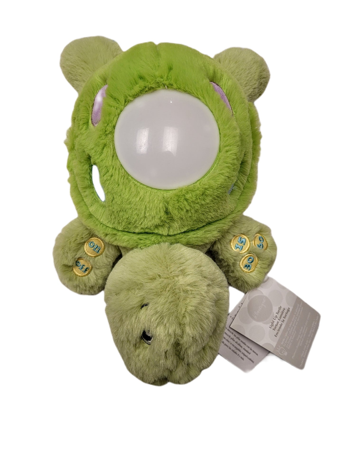 Light up Musical Turtle  Turtle lights up when music is played! features timer to play music for 15, 30, or 60 minutes Songs include Hush Little Baby, Braham's Lullaby, Twinkle, Twinkle little Star, and Rock a Bye Baby 12" long x 6.5" wide Uses 3 AAA alkaline batteries (included)