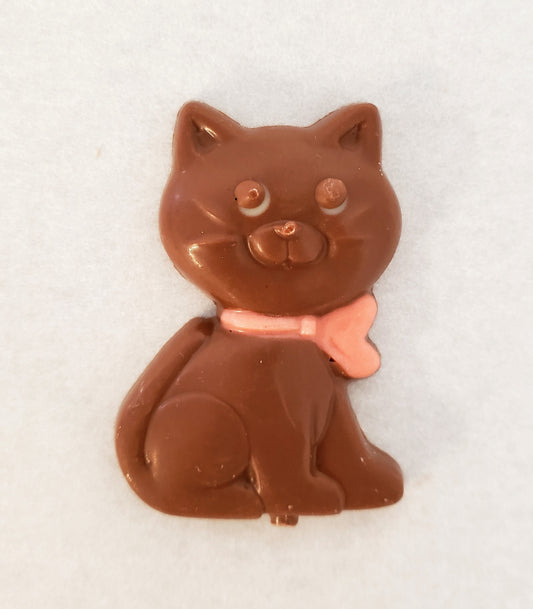 Chelsea Chocolates hand-crafted premium Belgian Callebaut chocolate. Solid chocolate cat (2-1/2” x 1-3/4”) is available in milk chocolate. Peanut & walnut free, tree nut free, wheat free