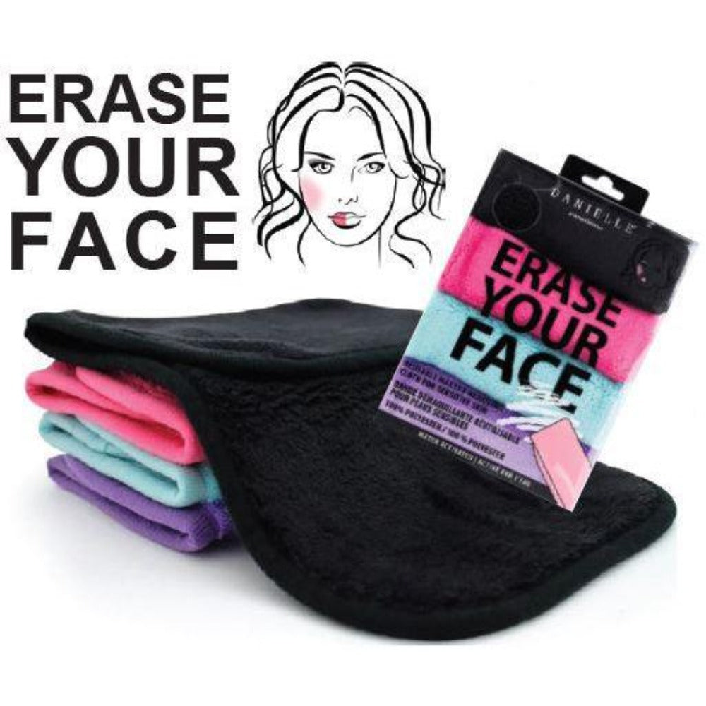 The Erase Your Face cleansing cloth: a make-up remover like no other! This cloth has the ability to remove all types of cosmetics, including waterproof mascara without the use of harmful chemicals or synthetic make-up removers. Just add water! Three pack includes one each pink, blue and purple.