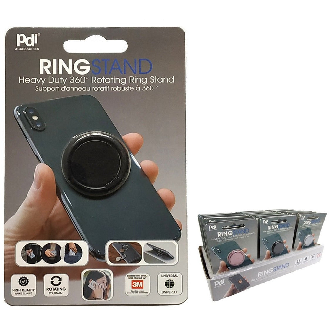 Universal rotating ring stand for cell phone. Flexible rotation provides multiple visual angles for watching film or video and frees your hands.  Uses advanced and sticky adhesive.  Can be used on smart phones, tablets, iPad.  Metallic silver colour.