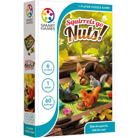 Winter is coming, so let’s go nuts! (Age 6+, 60 Challenges, 1 Player)  Help the squirrels get ready for winter!  Can you move the squirrels around and hide their acorns underground?  “Squirrels Go Nuts” is a sliding puzzle game with 60 nutty challenges to test your skills.  Compact game board with lid, 4 squirrels, 5 nuts, booklet with 60 challenges and solutions Stimulates the following cognitive skills: concentration, planning, problem solving, spatial insight